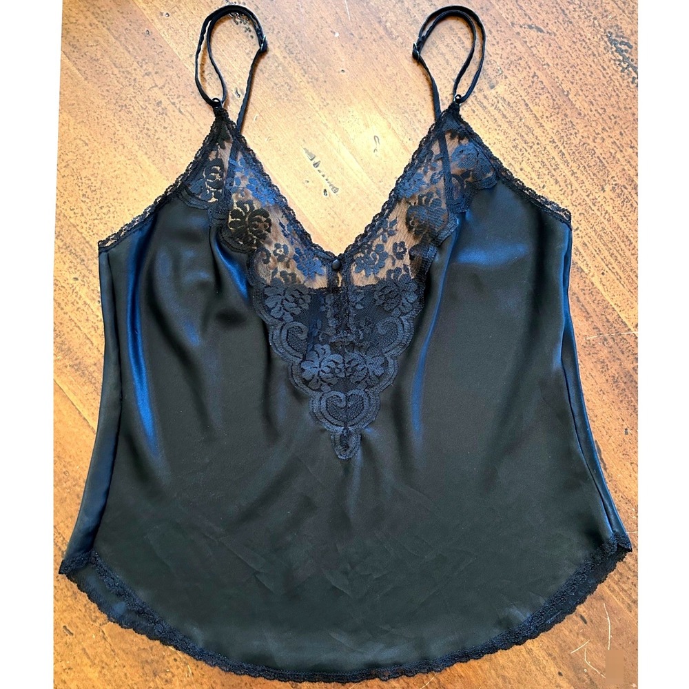 Vintage Maidenform Chantilly Lace Black Satin Cami Top Adjustable Straps 36